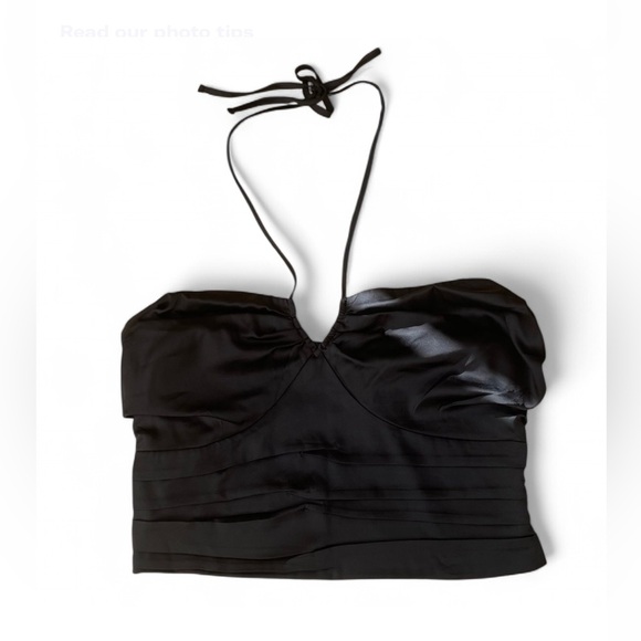 |Express| Satin Ruched Crisscross Halter Neck Cropped Tank in Black Size Large - Picture 1 of 5